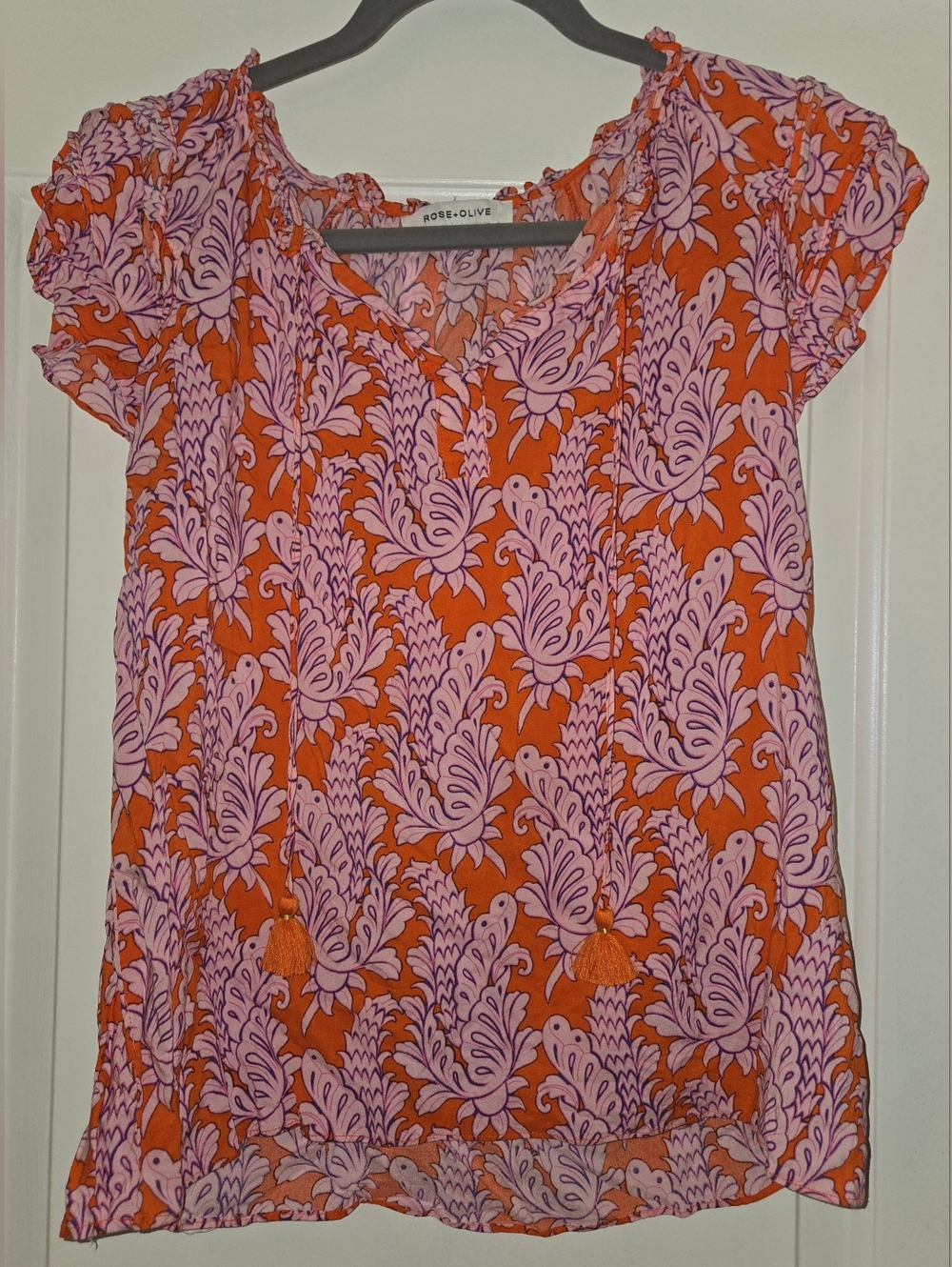Rose + Olive Orange and Pink Paisley Top Size M